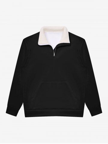 Gothic Faux Fur Stand-up Collar Half Zipper Solid Kangaroo Pocket Pullover Sweatshirt For Men - BLACK - XS