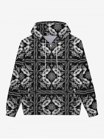 Gothic Skulls Cross Windmill Print Full Zipper Pockets Drawstring Halloween Pullover Hoodie For Men