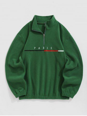 Men's PARIS Embroidered Fuzzy Polar Fleece Quarter Zip Stand Collar Pullover Sweatshirt