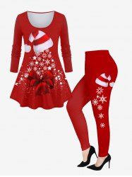 Christmas Tree Hat Snowflake Star Bowknot Printed T-shirt and Leggings Plus Size Matching Set -  