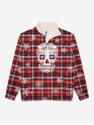 Gothic Fur Stand-up Collar Skulls Snowflake Plaid Print Half Zipper Halloween Pocket Pullover Sweatshirt For Men -  