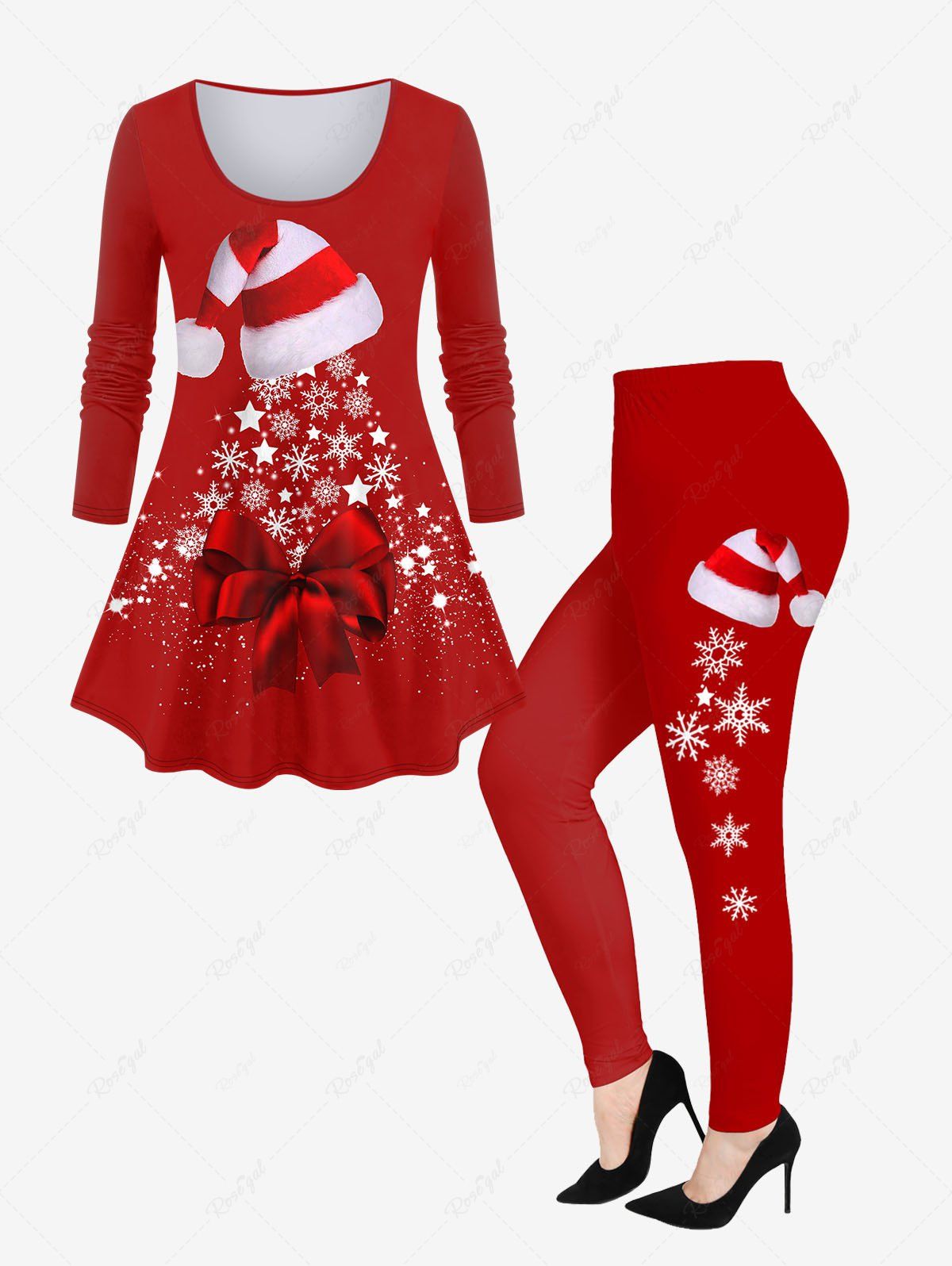 Outfits Christmas Tree Hat Snowflake Star Bowknot Printed T-shirt and Leggings Plus Size Matching Set  