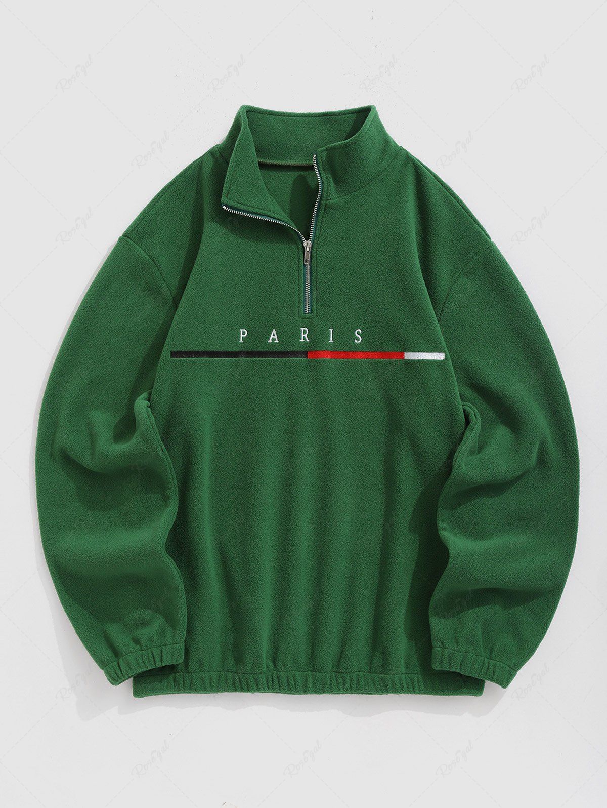 Chic Men's PARIS Embroidered Fuzzy Polar Fleece Quarter Zip Stand Collar Pullover Sweatshirt  
