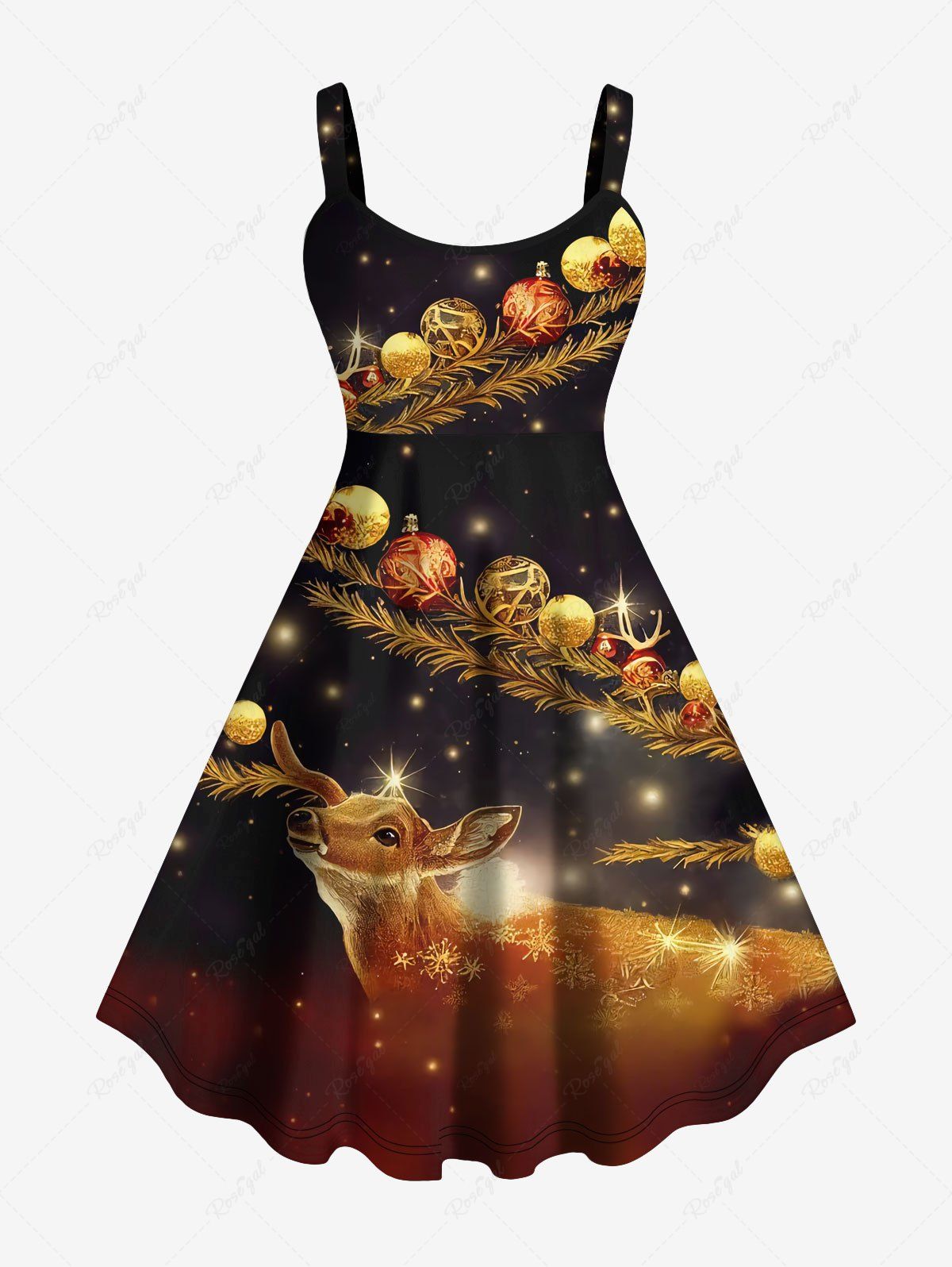 Outfit Plus Size Christmas Elk Ball Snowflake Star Glitter 3D Print Tank Dress  