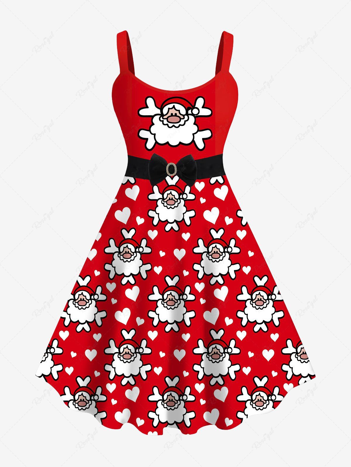 Trendy Plus Size Christmas Santa Claus Heart Snowflake Bowknot Belt 3D Print Tank Dress  