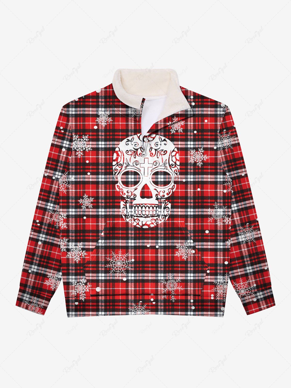 Discount Gothic Fur Stand-up Collar Skulls Snowflake Plaid Print Half Zipper Halloween Pocket Pullover Sweatshirt For Men  