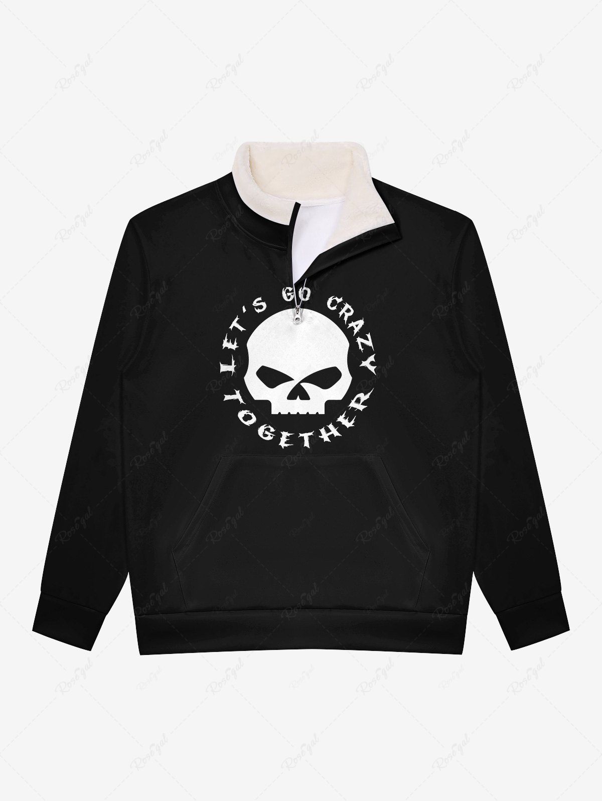 Unique Gothic Faux Fur Stand-up Collar Skull Letters Print Half Zipper Pocket Halloween Pullover Sweatshirt For Men  