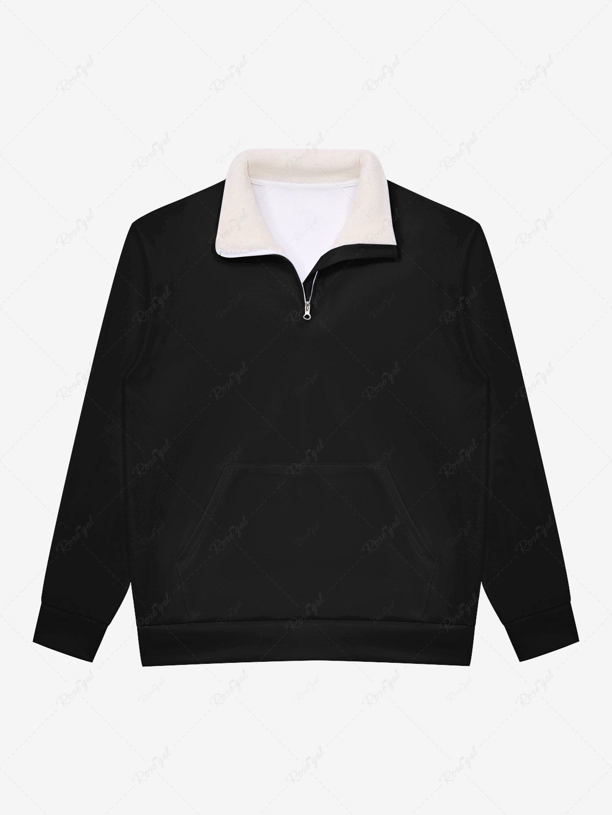 Fancy Gothic Faux Fur Stand-up Collar Half Zipper Solid Kangaroo Pocket Pullover Sweatshirt For Men  