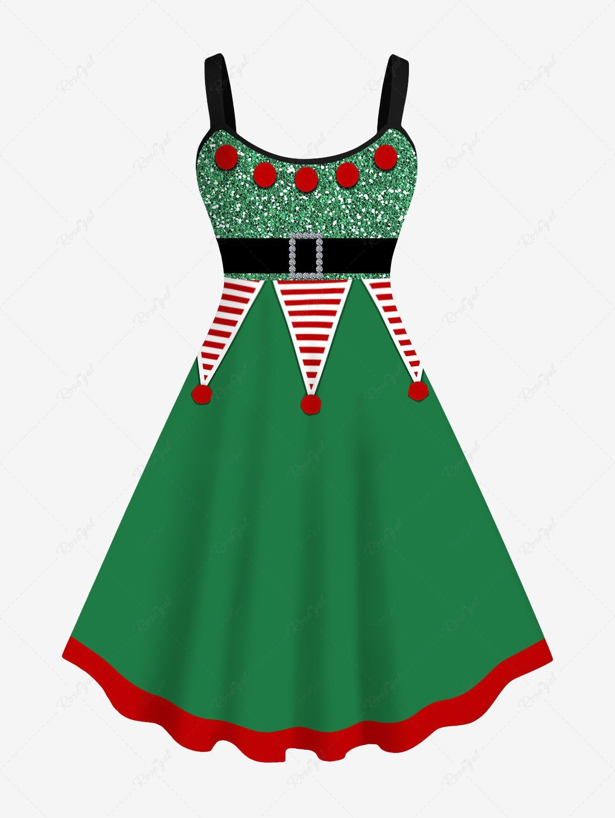 Robe de Noël Ligne A Bouclé à Pois Imprimé de Grande Taille à Paillettes Vert profond 4X