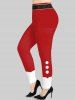 Legging de Noël 3D Père Noël Imprimé Bouclé en Blocs de Couleurs avec Ceinture Grande Taille - Rouge 