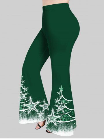 Plus Size Glitter Pentagram Christmas Tree Painting Splatter Print Pull On Flare Pants - DEEP GREEN - M