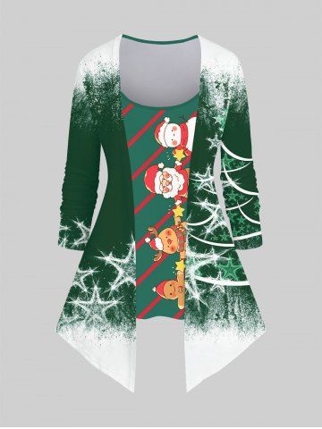 Plus Size Painting Splatter Santa Claus Elk Snowman Glitter Pentagram Striped Print Patchwork 2 in 1 Christmas Long Sleeves T-shirt - DEEP GREEN - L
