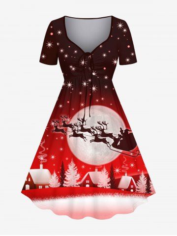 Plus Size Christmas Tree House Elk Santa Claus Sled Snowflake Moon Star Glitter 3D Print Cinched Dress - DEEP RED - XS