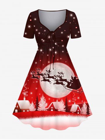 Plus Size Christmas Tree House Elk Santa Claus Sled Snowflake Moon Star Glitter 3D Print Cinched Dress - DEEP RED - 6X