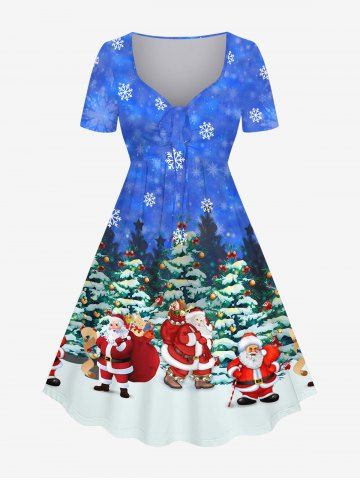 Plus Size Christmas Tree Ball Santa Claus Sack Snowflake Galaxy Print Cinched Dress - BLUE - S