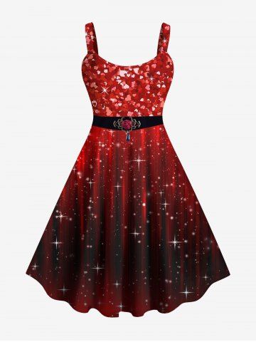 Valentine Plus Size Heart Sparkling Sequin Glitter 3D Print Party Tank New Years Eve Dress - DEEP RED - S