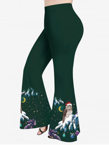 Plus Size Christmas Tree Hat Ball Moon Star Galaxy Snow Leaf Owl Print Pull On Flare Pants - DEEP GREEN - M