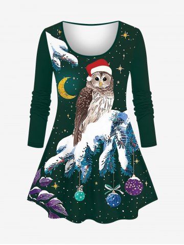 Plus Size Christmas Hat Tree Ball Snow Moon Stars Galaxy Owl Leaf Print Long Sleeves T-shirt - DEEP GREEN - S