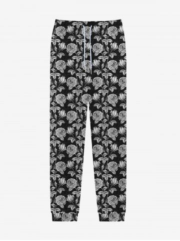 Gothic Distressed Rose Flower Print Pocket Drawstring Sweatpants For Men - BLACK - XXS