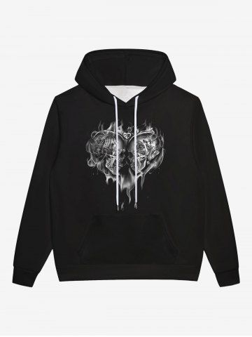 Gothic 3D Skulls Fire Flame Heart Print Pocket Drawstring Fleece Lining Halloween Pullover Hoodie For Men - BLACK - M