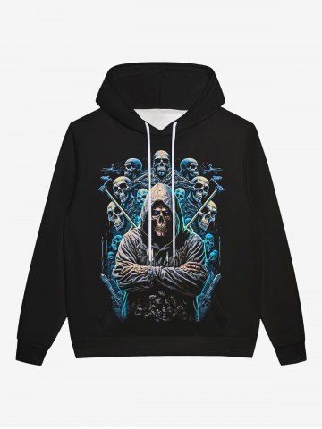 Gothic 3D Colorful Skulls Mans Print Pocket Drawstring Fleece Lining Halloween Pullover Hoodie For Men - BLACK - M