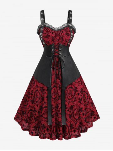 Plus Size Lace Trim Grommets Lace-up PU Leather Patchwork Floral Flocking 2 In 1 Tank Dress - DEEP RED - 1X | US 14-16