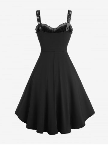 Gothic Plus Size Lace Trim Grommets Lace-up PU Leather Patchwork Floral Flocking 2 In 1 Tank Dress