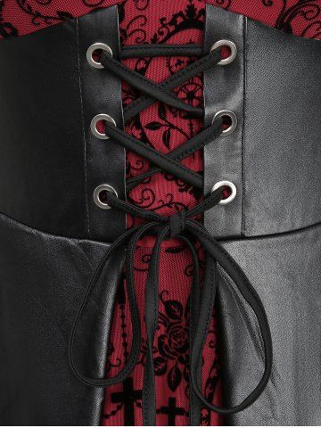 Gothic Plus Size Lace Trim Grommets Lace-up PU Leather Patchwork Floral Flocking 2 In 1 Tank Dress