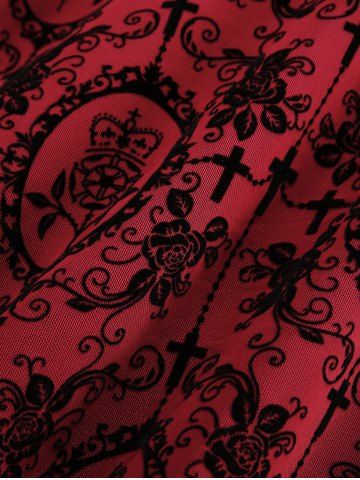 Gothic Plus Size Lace Trim Grommets Lace-up PU Leather Patchwork Floral Flocking 2 In 1 Tank Dress