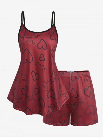 Plus Size Heart Letters Print Cami Top and Shorts Pajama Set - DEEP RED - M | US 10