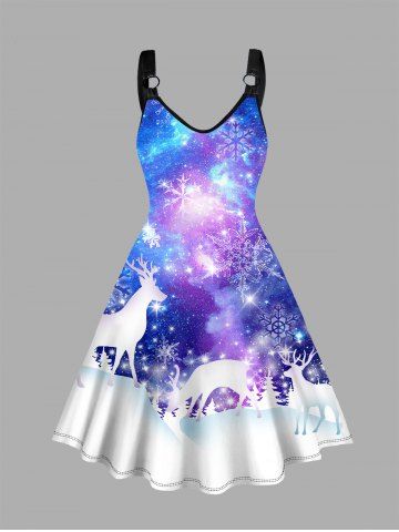 Plus Size Snow Galaxy Elk Snowflake Print V Neck Midi Dress - SKY BLUE - L | US 14