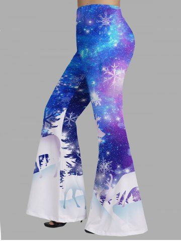 Plus Size Christmas Snow Galaxy Elk Snowflake Print Long Flare Pants - SKY BLUE - 4X | US 22