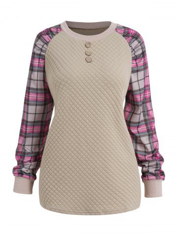 Plaid Print Panel Textured Mock Button Casual Sweatshirt - LIGHT COFFEE - XL | US 12