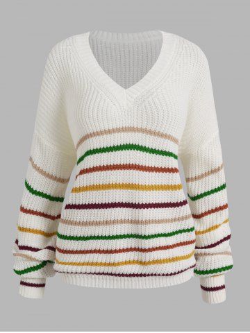 Colorful Stripe Graphic V Neck Drop Shoulder Sweater - WHITE - L | US 8