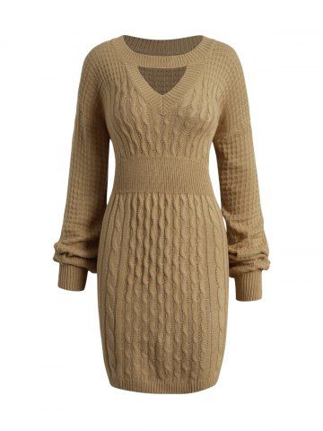 Solid Color Peekaboo Cut Lantern Sleeve Drop Shoulder Mini Sweater Dress - COFFEE - L | US 8