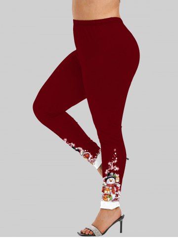 Plus Size Christmas Snowman Snowflake Owl Colorblock Glitter 3D Print Leggings - DEEP RED - XS