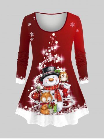 Plus Size Christmas Stocking Snowman Snowflake Owl Glitter 3D Print T-shirt - DEEP RED - 5X