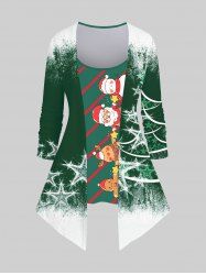 Plus Size Painting Splatter Santa Claus Elk Snowman Glitter Pentagram Striped Print Patchwork 2 in 1 Christmas Long Sleeves T-shirt -  