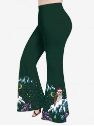 Pantalon Evasé Etoile Lune Hibou et Neige Imprimés de Grande Taille - Vert profond 6X