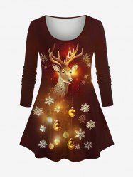 T-shirt grande taille imprimé 3D à paillettes avec boule de Noël, élan et flocon de neige - café 6X