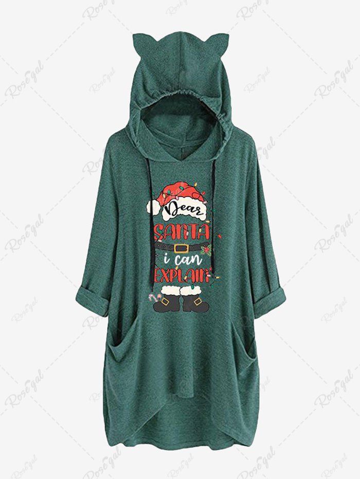 Trendy Plus Size Christmas Santa Claus Hat Boots Belts Candy Print Pockets Drawstring Hoodie  