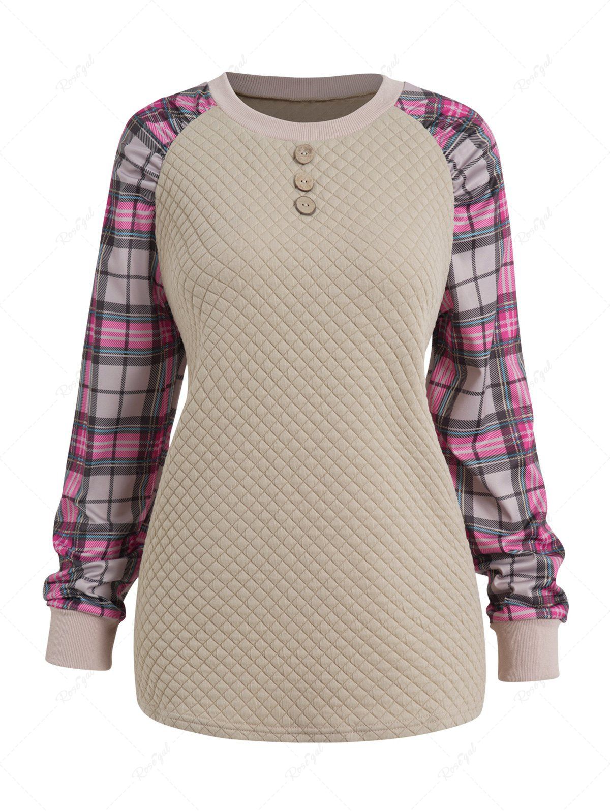 Sweatshirt Décontracté Texturé Panneau à Carreaux Imprimé avec Bouton café lumière XL | NOUS 12