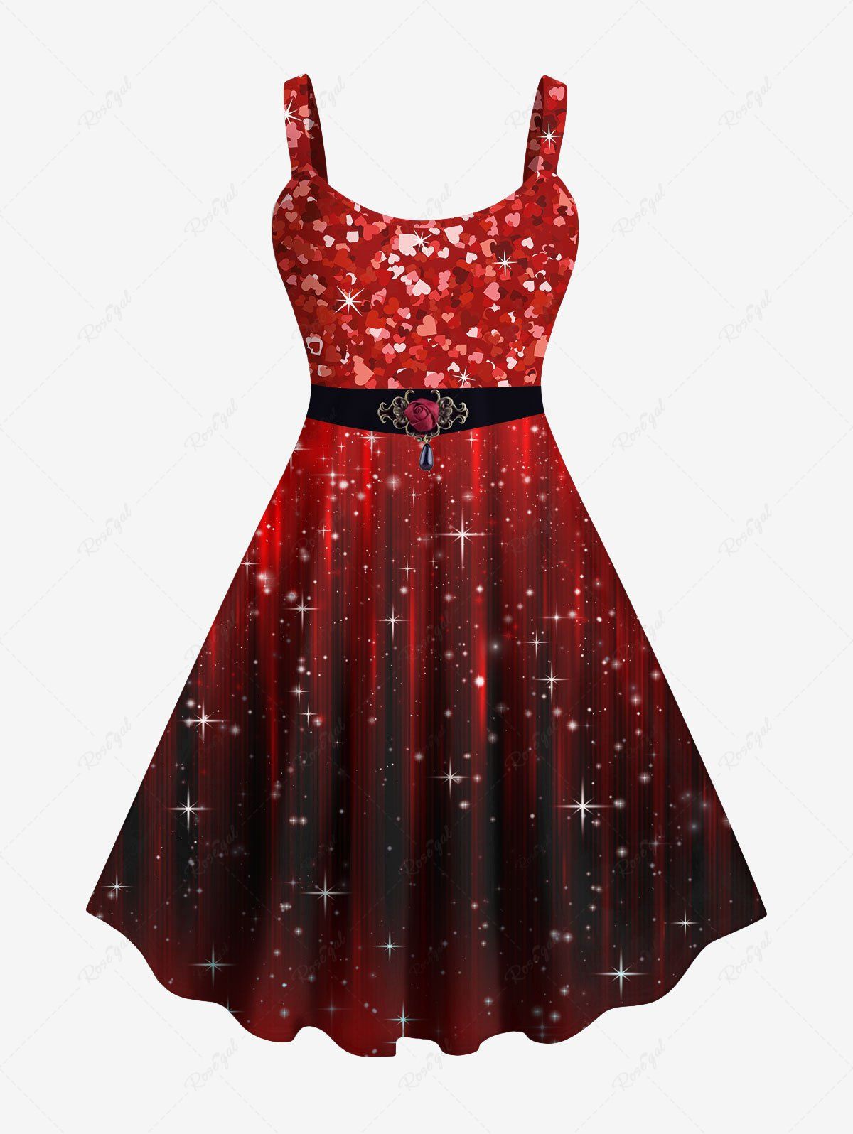 Robe de Soirée Pailletée 3D Cœur Imprimé Grande Taille Rouge foncé 6X