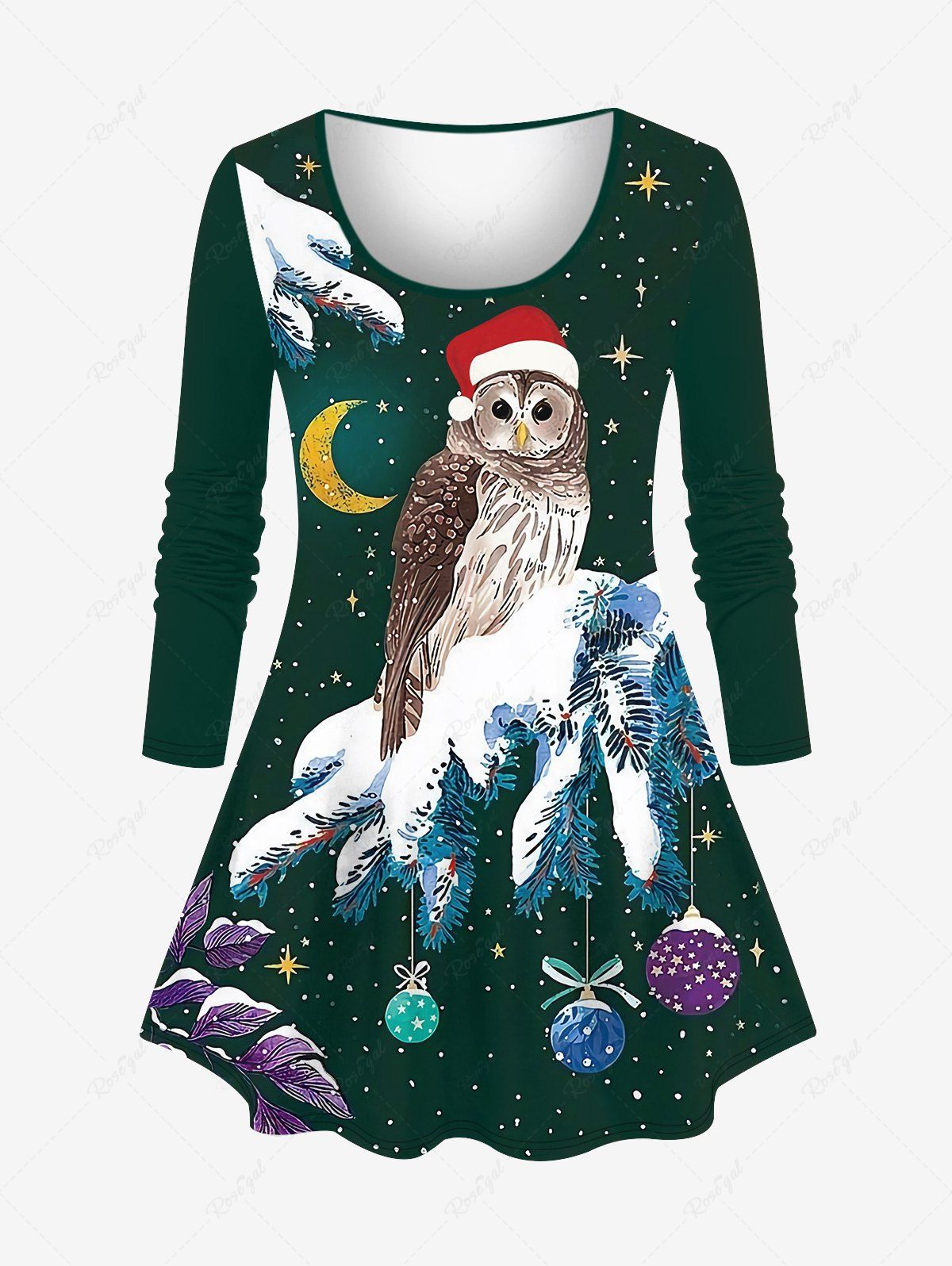 Chic Plus Size Christmas Hat Tree Ball Snow Moon Stars Galaxy Owl Leaf Print Long Sleeves T-shirt  