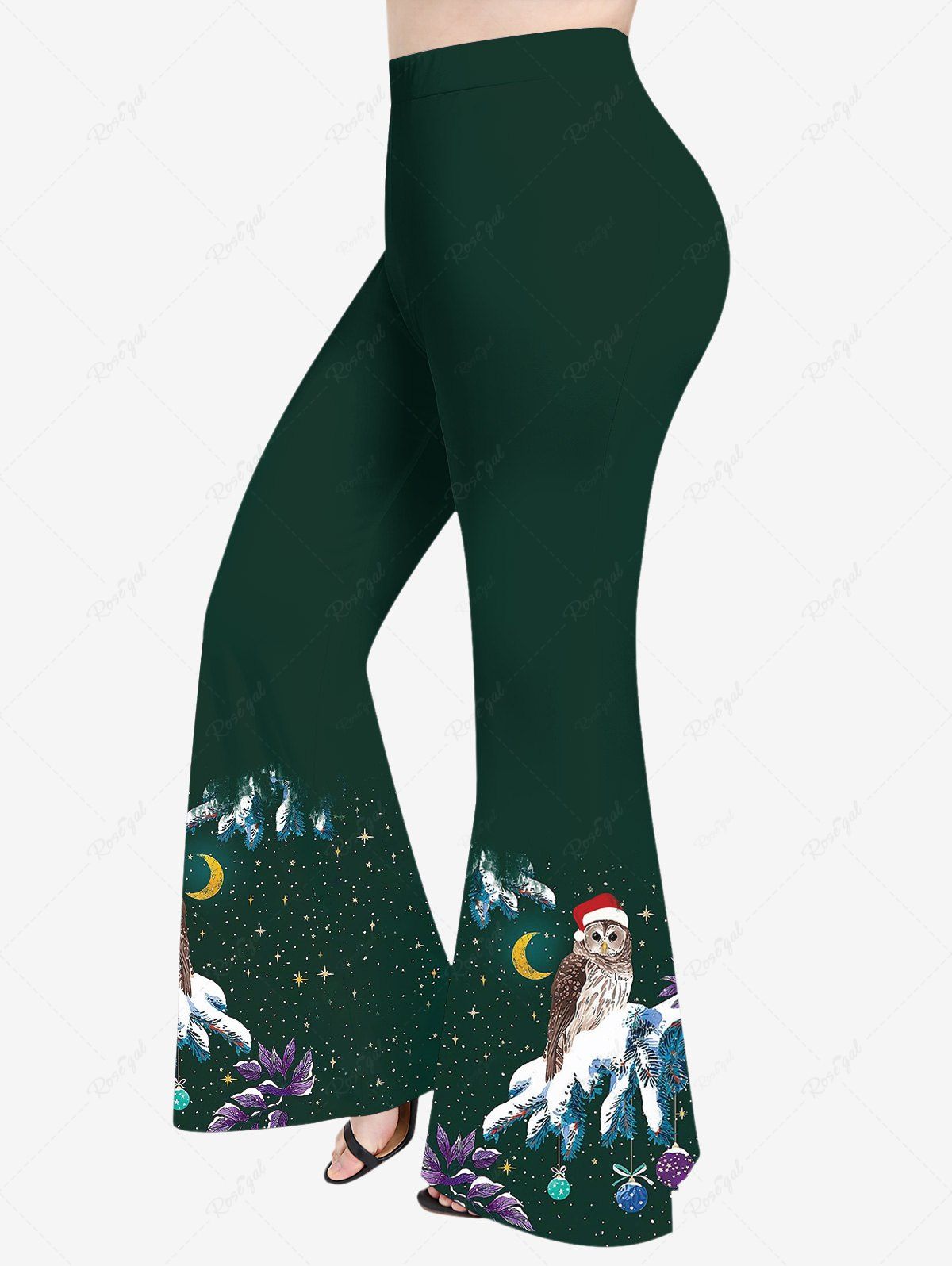 Pantalon Evasé Etoile Lune Hibou et Neige Imprimés de Grande Taille Vert profond 6X