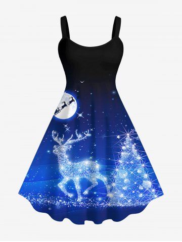 Plus Size Christmas Elk Sled Galaxy Moon Sequin Glitter 3D Print Tank Dress - DEEP BLUE - M