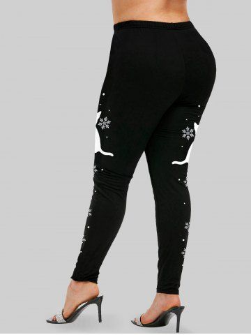 Plus Size Side Snowflake Cat Printed Christmas Skinny Pull On Leggings