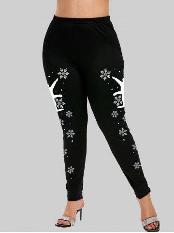 Plus Size Side Snowflake Cat Printed Christmas Skinny Pull On Leggings