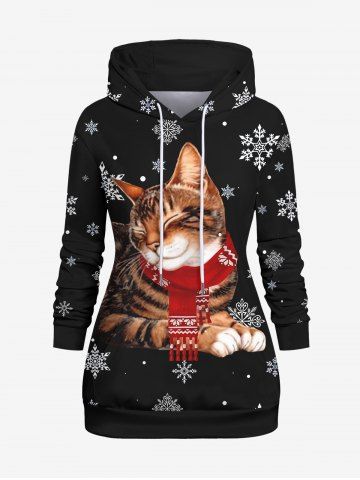 Plus Size 3D Cat Scarf Snowflake Print Christmas Pocket Drawstring Pullover Hoodie - BLACK - L