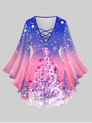Plus Size Christmas Tree Star Snowflake Ombre Glitter 3D Print Lattice Crisscross Bell Sleeves T-shirt - LIGHT PINK - XS